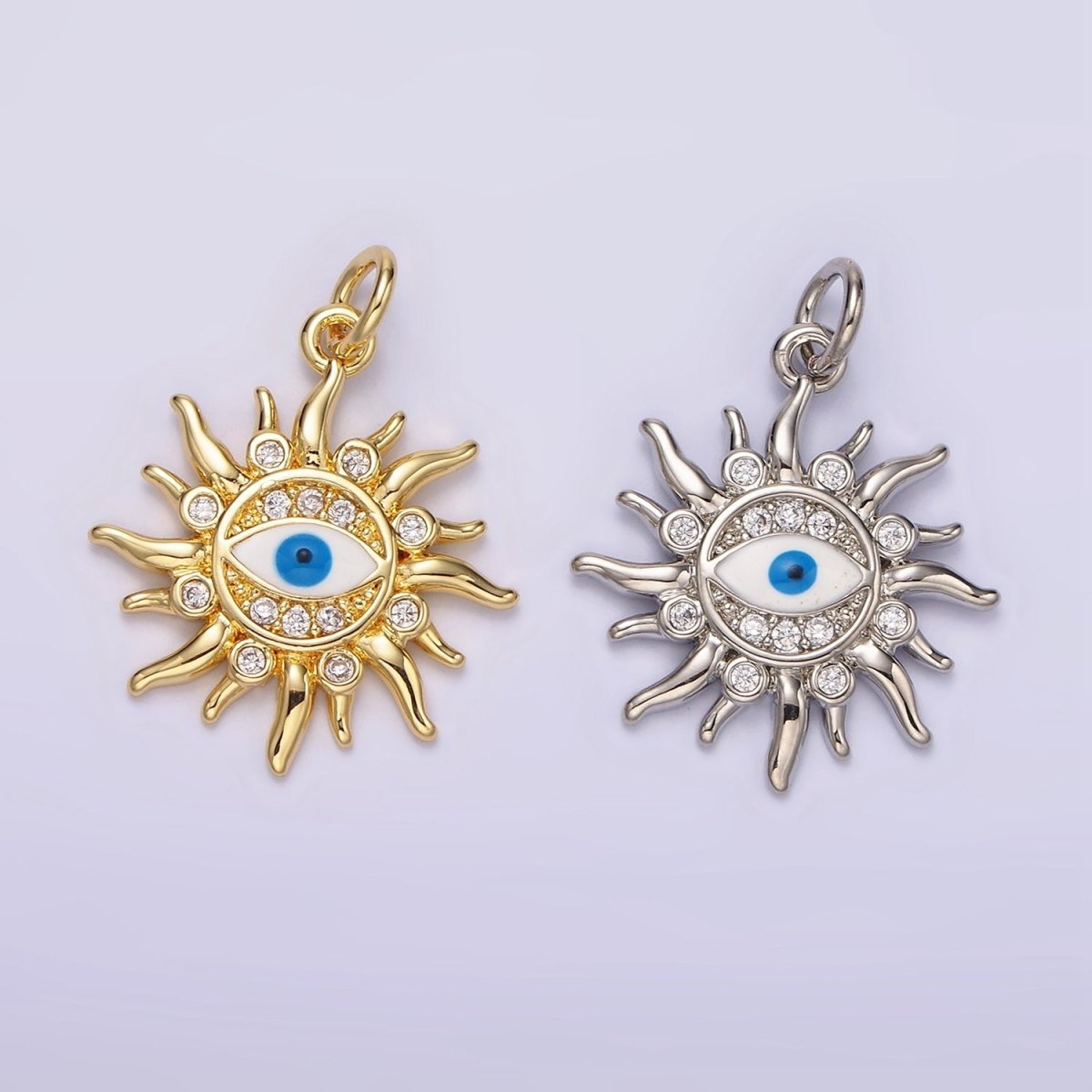 14K Gold plated Evil Eye CZ Dotted Celestial Sun Charm in Gold & Silver | N1159 N1160