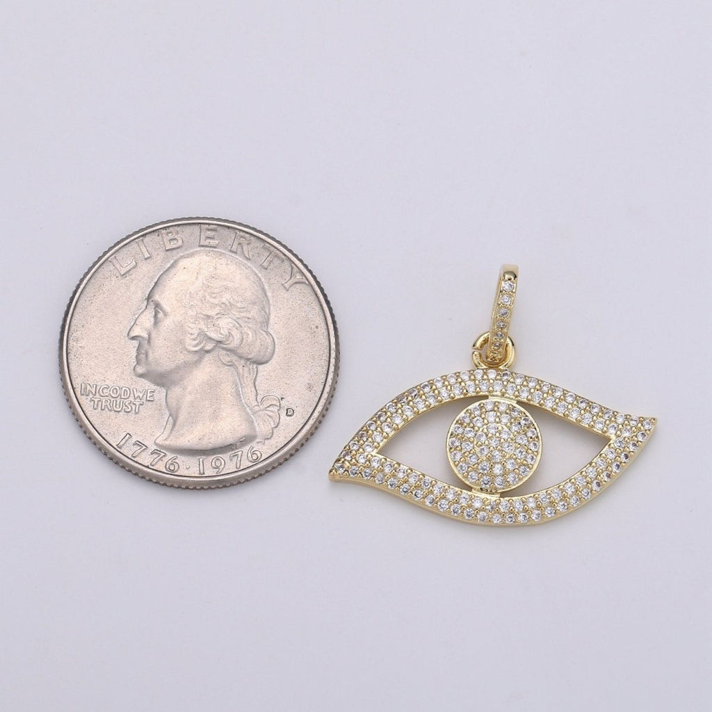 14K Gold plated Evil Eye CZ Micro Pave Pendant, CZ Micro Pave Left Eye Charm, Cluster Cubic Oeil Pendant, Ojo Micro Pave Charm J-055 - DLUXCA