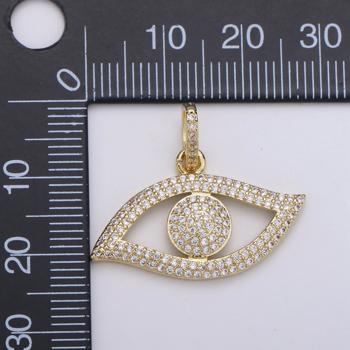 14K Gold plated Evil Eye CZ Micro Pave Pendant, CZ Micro Pave Left Eye Charm, Cluster Cubic Oeil Pendant, Ojo Micro Pave Charm J-055 - DLUXCA