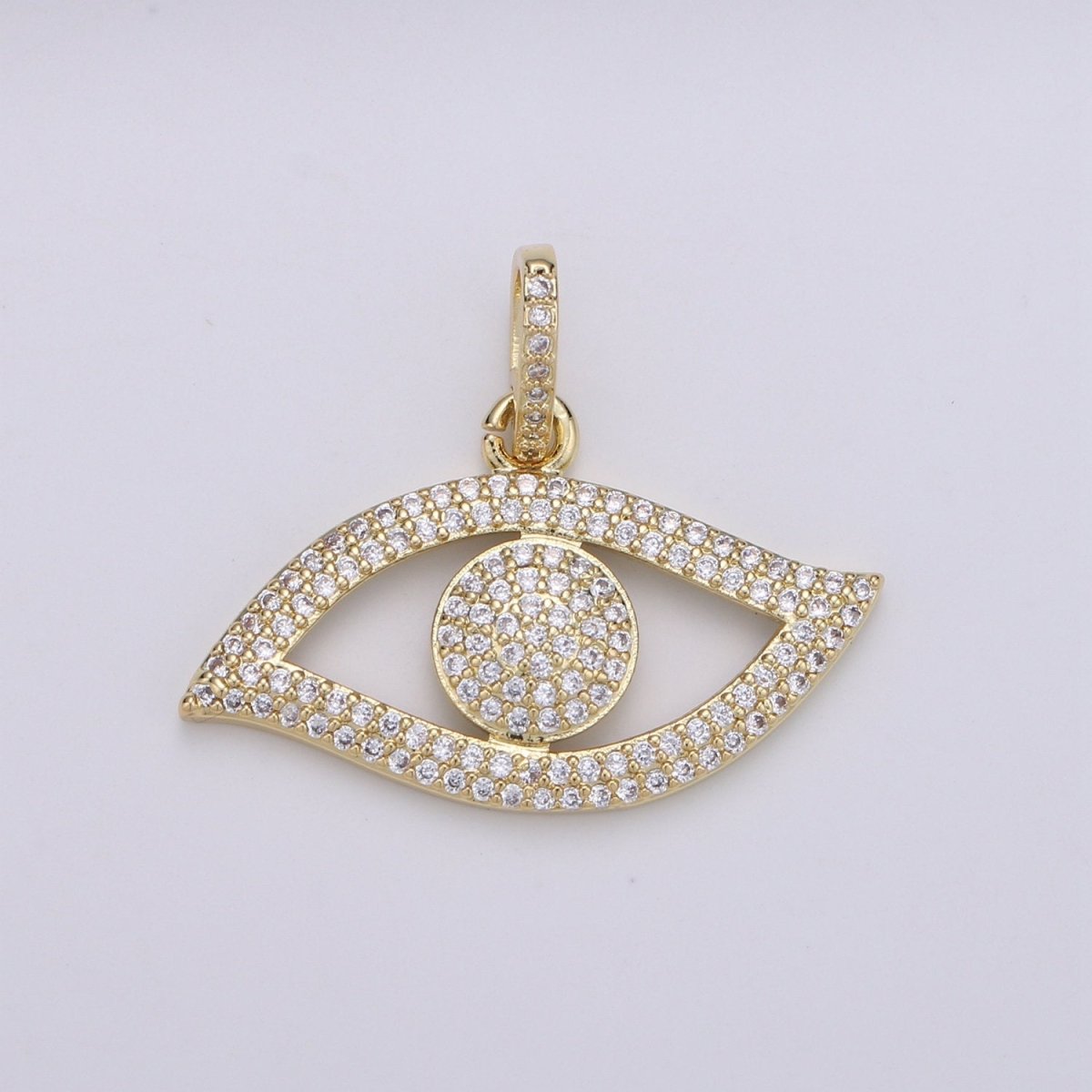 14K Gold plated Evil Eye CZ Micro Pave Pendant, CZ Micro Pave Left Eye Charm, Cluster Cubic Oeil Pendant, Ojo Micro Pave Charm J-055 - DLUXCA