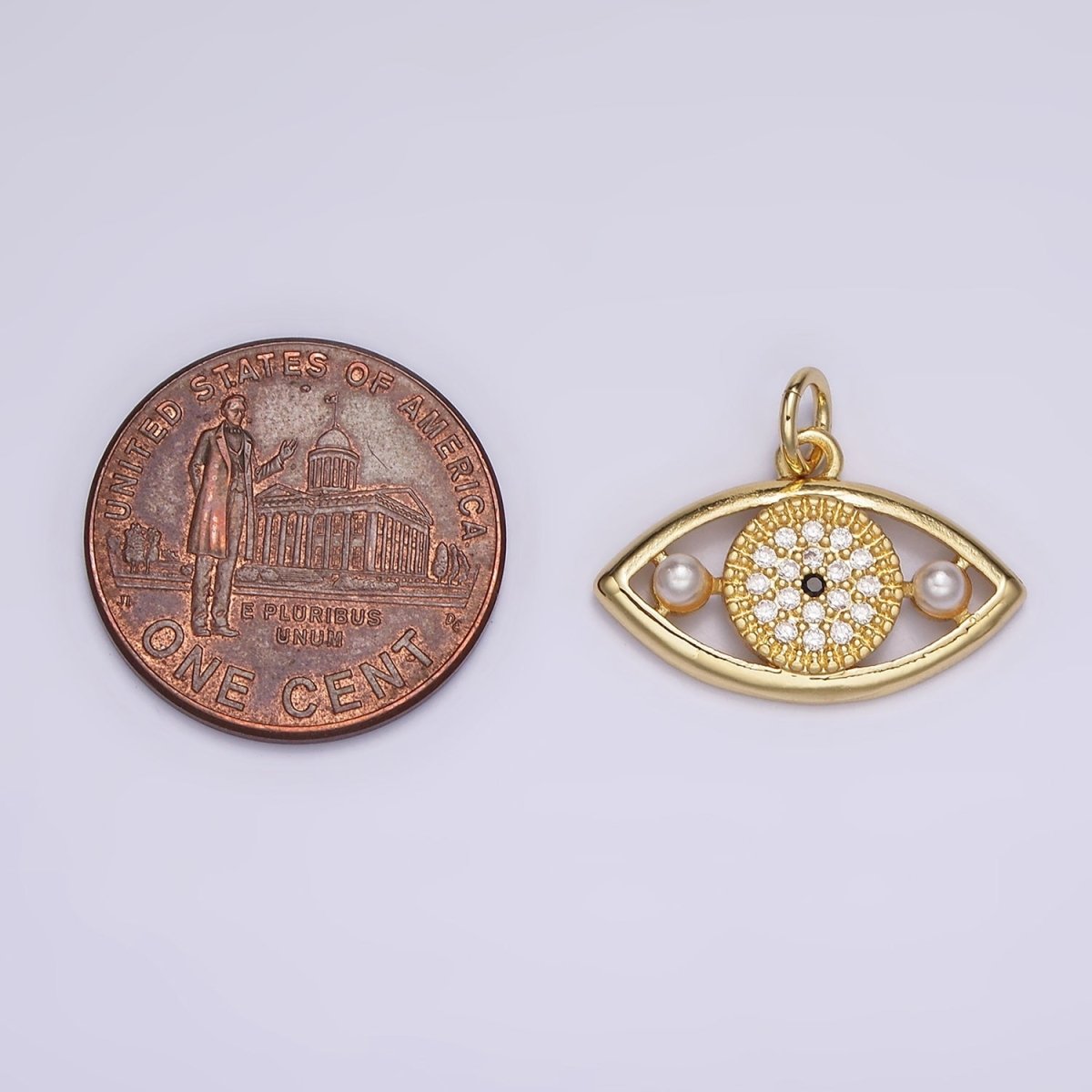 14K Gold plated Evil Eye Double Pearl Clear Micro Paved CZ Open Charm in Gold & Silver | AC891 AC892