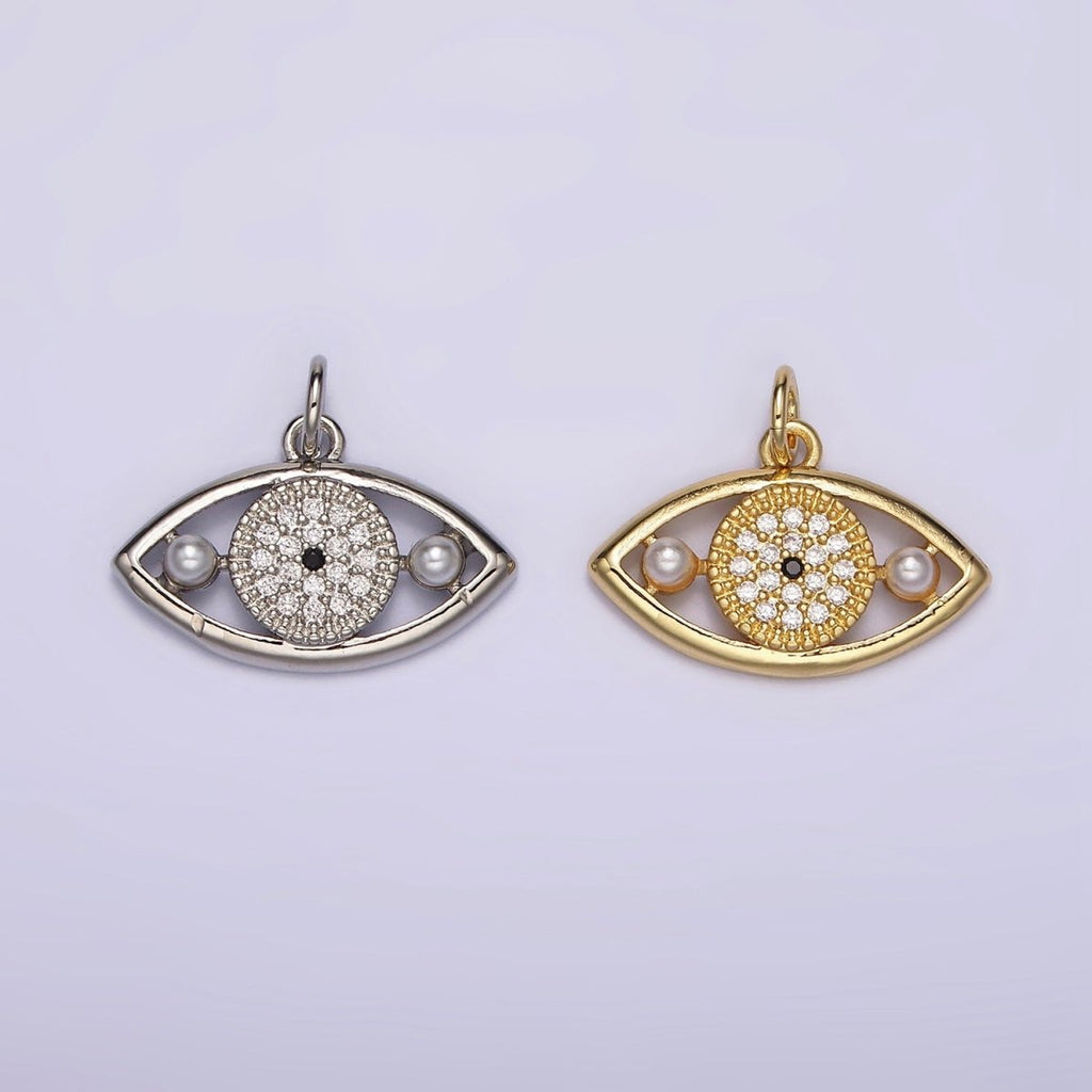 14K Gold plated Evil Eye Double Pearl Clear Micro Paved CZ Open Charm in Gold & Silver | AC891 AC892