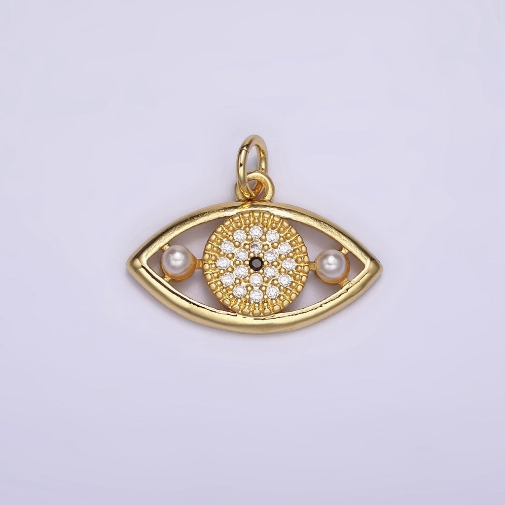 14K Gold plated Evil Eye Double Pearl Clear Micro Paved CZ Open Charm in Gold & Silver | AC891 AC892
