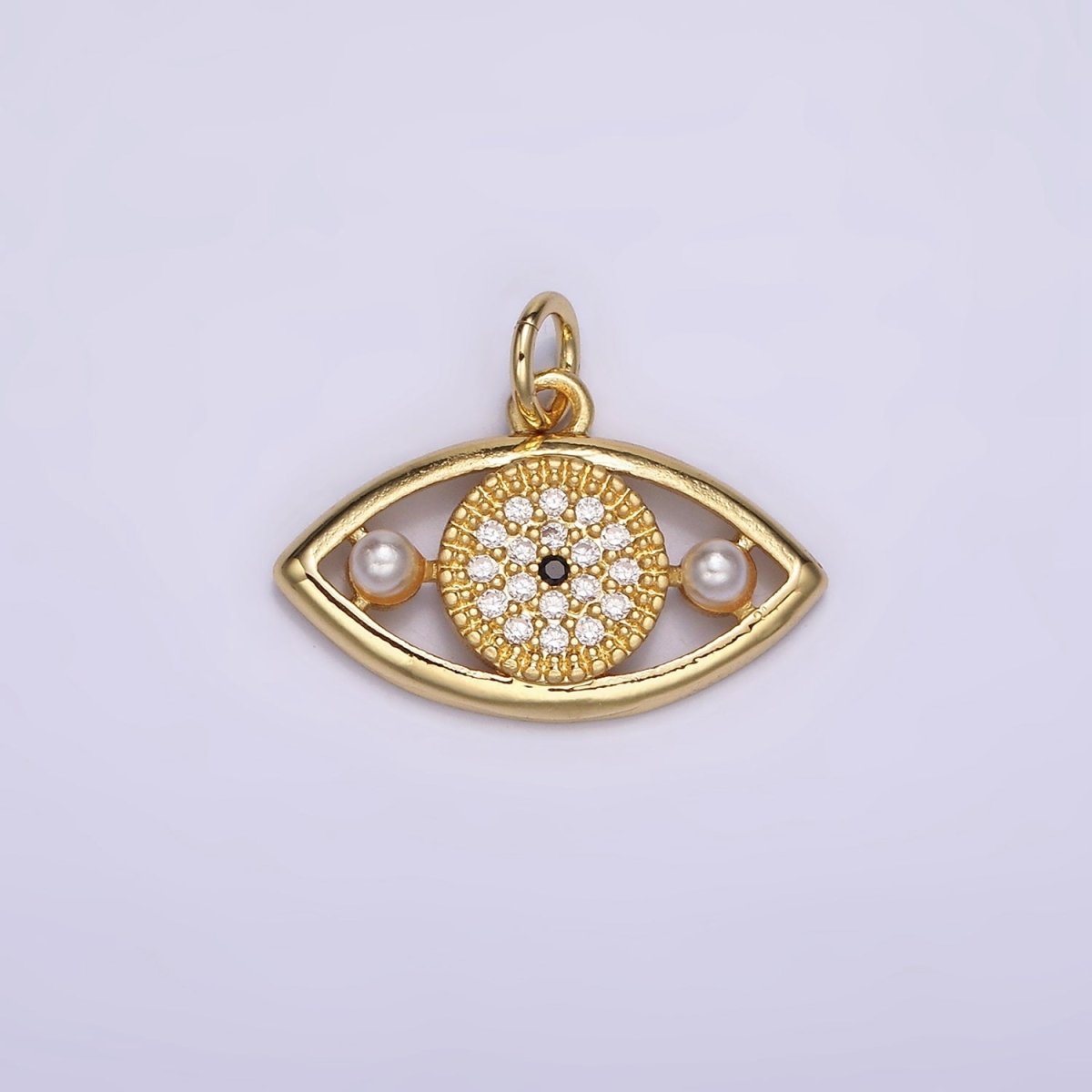 14K Gold plated Evil Eye Double Pearl Clear Micro Paved CZ Open Charm in Gold & Silver | AC891 AC892