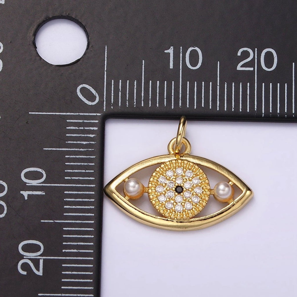 14K Gold plated Evil Eye Double Pearl Clear Micro Paved CZ Open Charm in Gold & Silver | AC891 AC892
