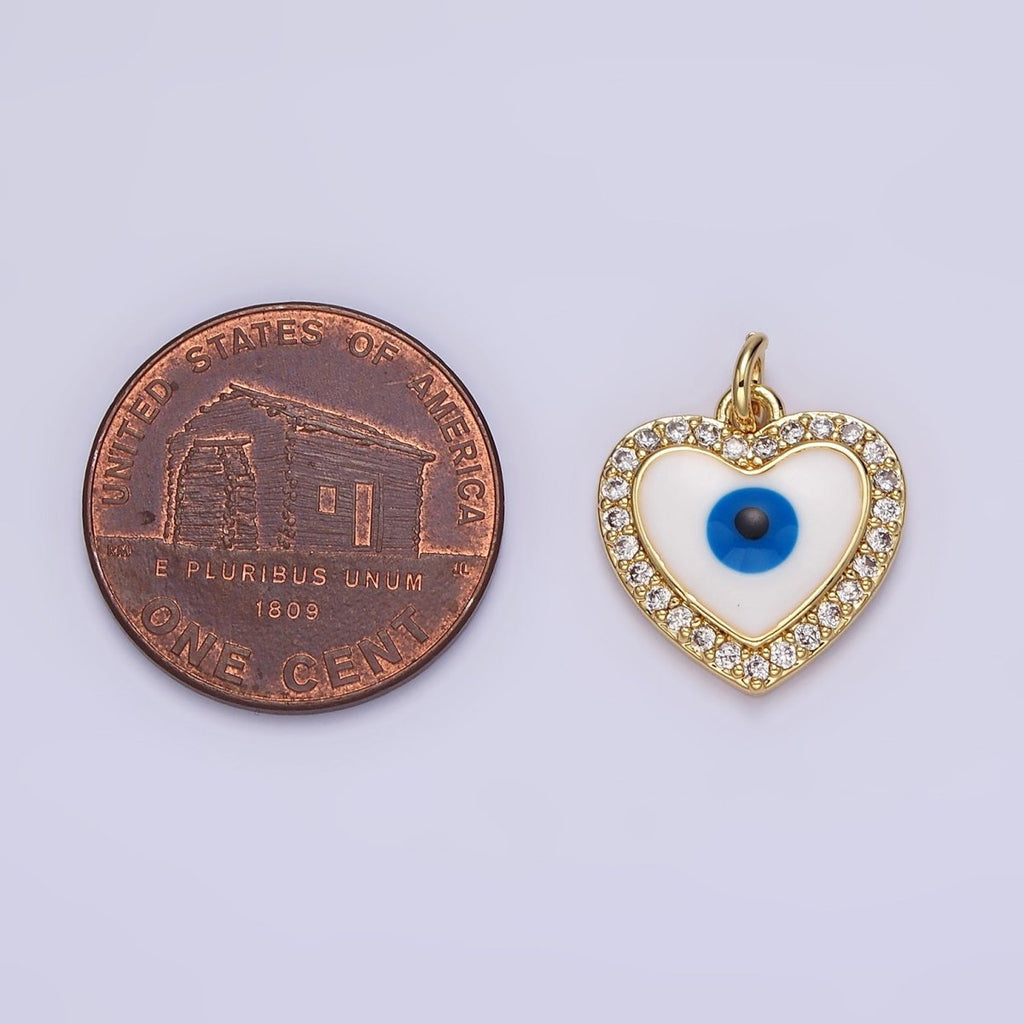 14K Gold plated Evil Eye Enamel Clear Micro Paved CZ Heart Charm | N1021 - DLUXCA