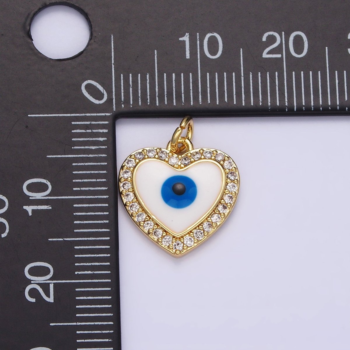 14K Gold plated Evil Eye Enamel Clear Micro Paved CZ Heart Charm | N1021 - DLUXCA