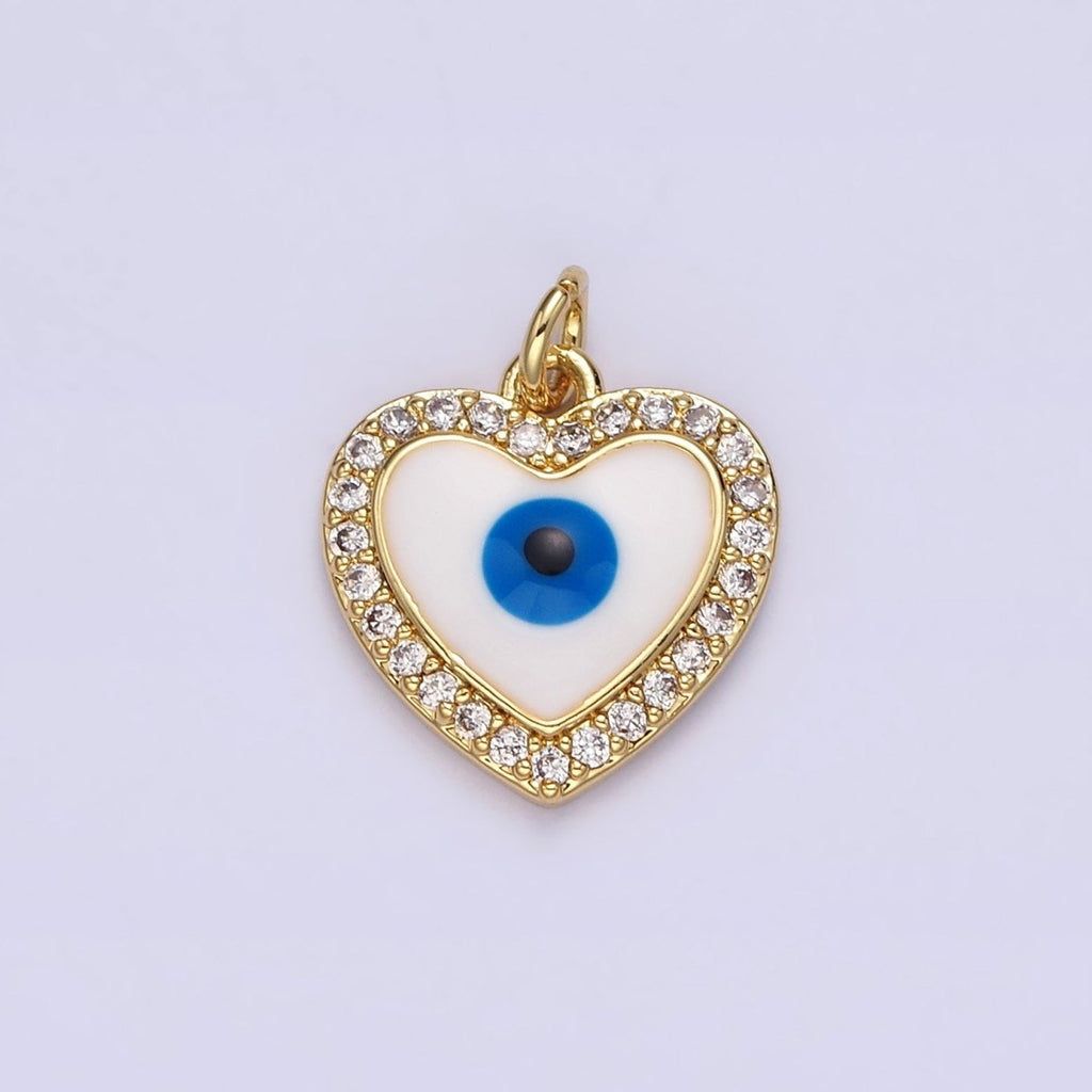 14K Gold plated Evil Eye Enamel Clear Micro Paved CZ Heart Charm | N1021 - DLUXCA