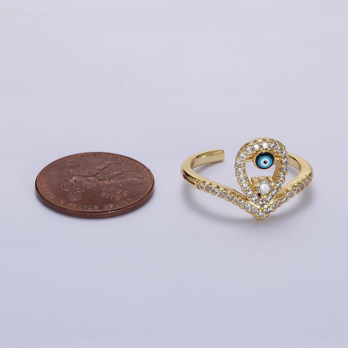14K Gold plated Evil Eye Enamel Open Teardrop Chevron Micro Paved CZ Ring | O-598 - DLUXCA