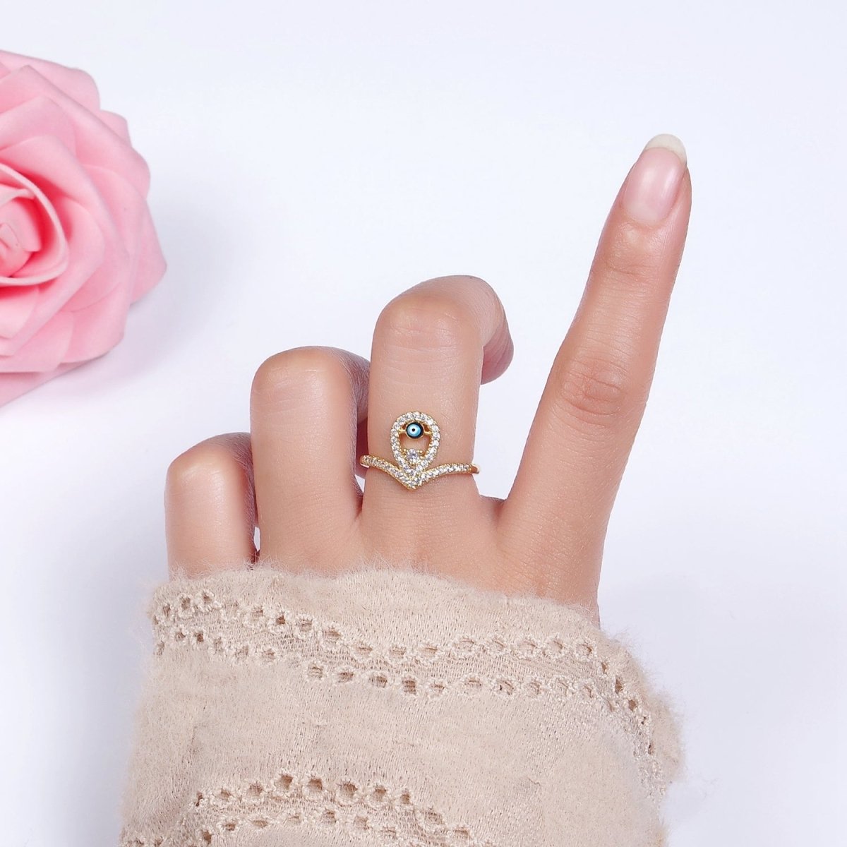 14K Gold plated Evil Eye Enamel Open Teardrop Chevron Micro Paved CZ Ring | O-598 - DLUXCA