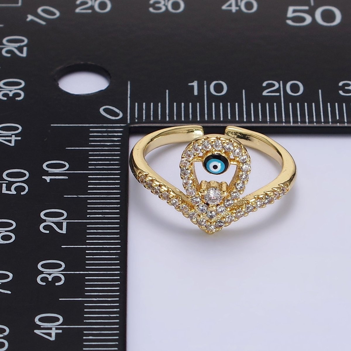 14K Gold plated Evil Eye Enamel Open Teardrop Chevron Micro Paved CZ Ring | O-598 - DLUXCA