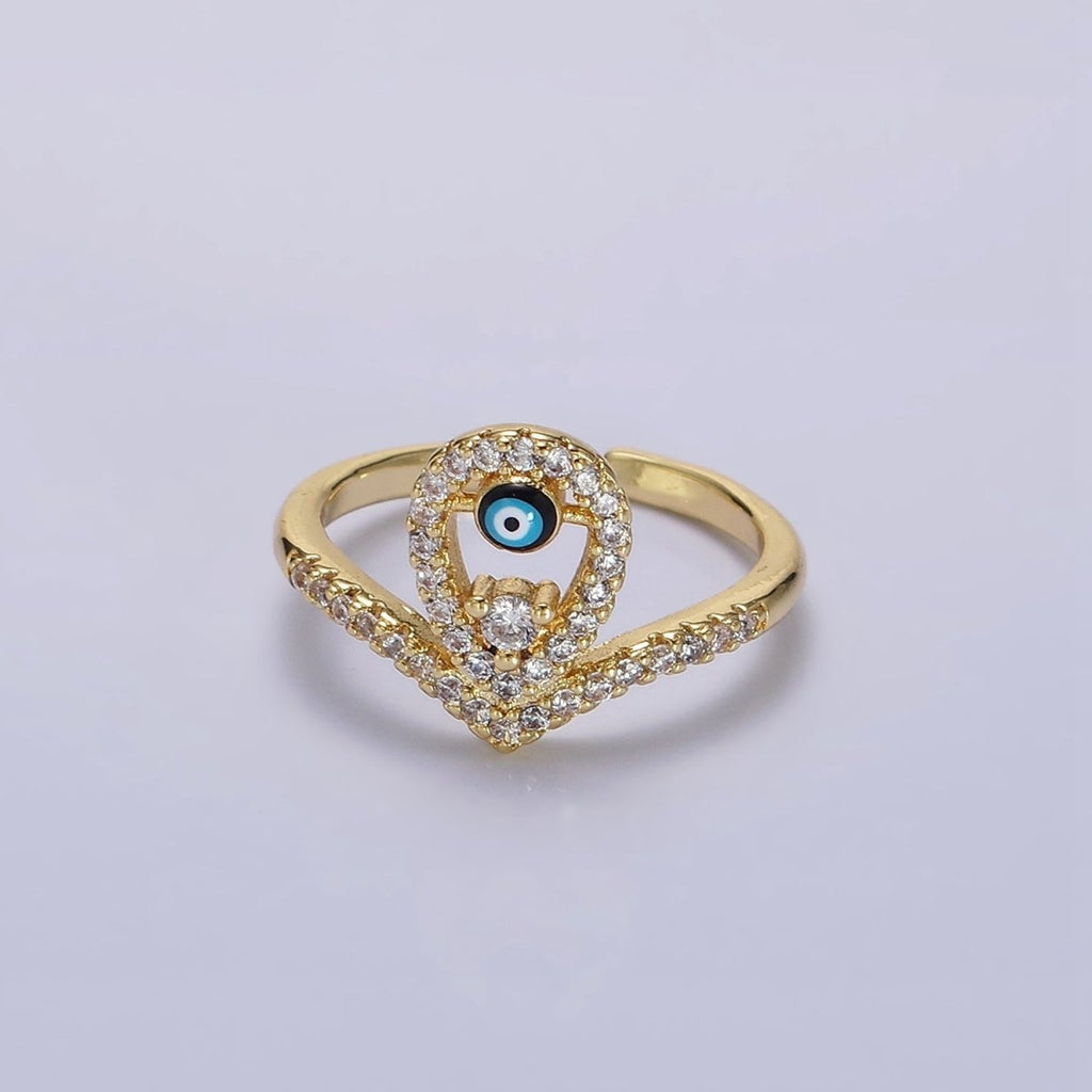 14K Gold plated Evil Eye Enamel Open Teardrop Chevron Micro Paved CZ Ring | O-598 - DLUXCA