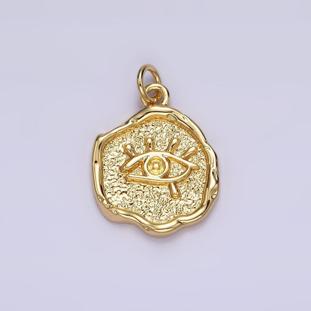 14K Gold plated Evil Eye Hammered Textured Stamped Round Charm | N1035 - DLUXCA