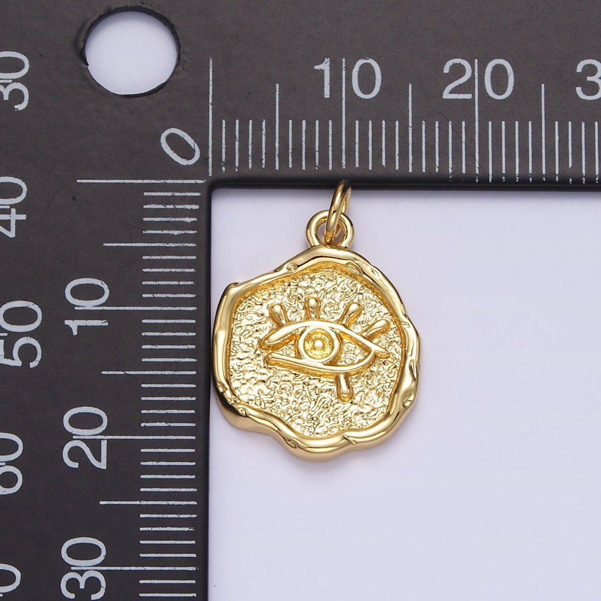 14K Gold plated Evil Eye Hammered Textured Stamped Round Charm | N1035 - DLUXCA