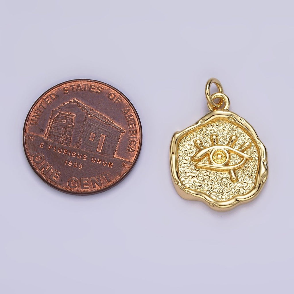 14K Gold plated Evil Eye Hammered Textured Stamped Round Charm | N1035 - DLUXCA