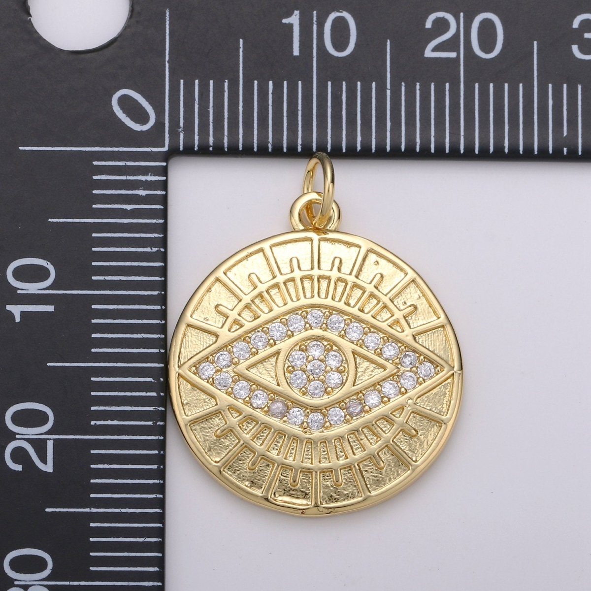 14k Gold plated Evil Eye Pendant, Micro Pave gold disc Medallion Greek Eye Charm for strength and protection Jewelry Component D-344 - DLUXCA