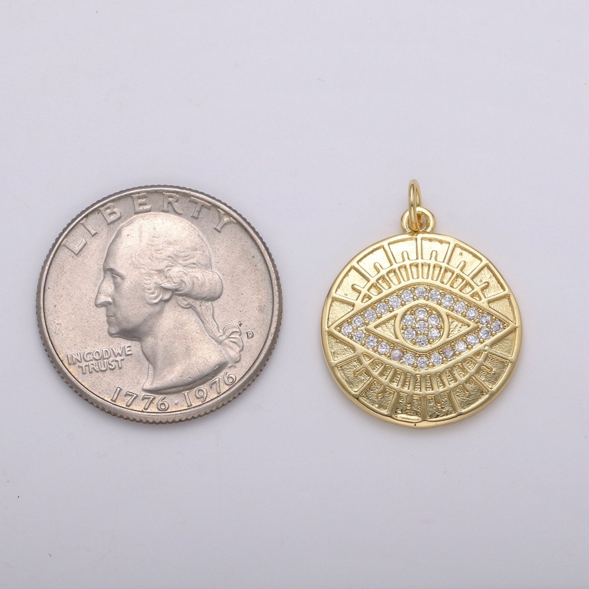 14k Gold plated Evil Eye Pendant, Micro Pave gold disc Medallion Greek Eye Charm for strength and protection Jewelry Component D-344 - DLUXCA