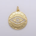 14k Gold plated Evil Eye Pendant, Micro Pave gold disc Medallion Greek Eye Charm for strength and protection Jewelry Component D-344 - DLUXCA