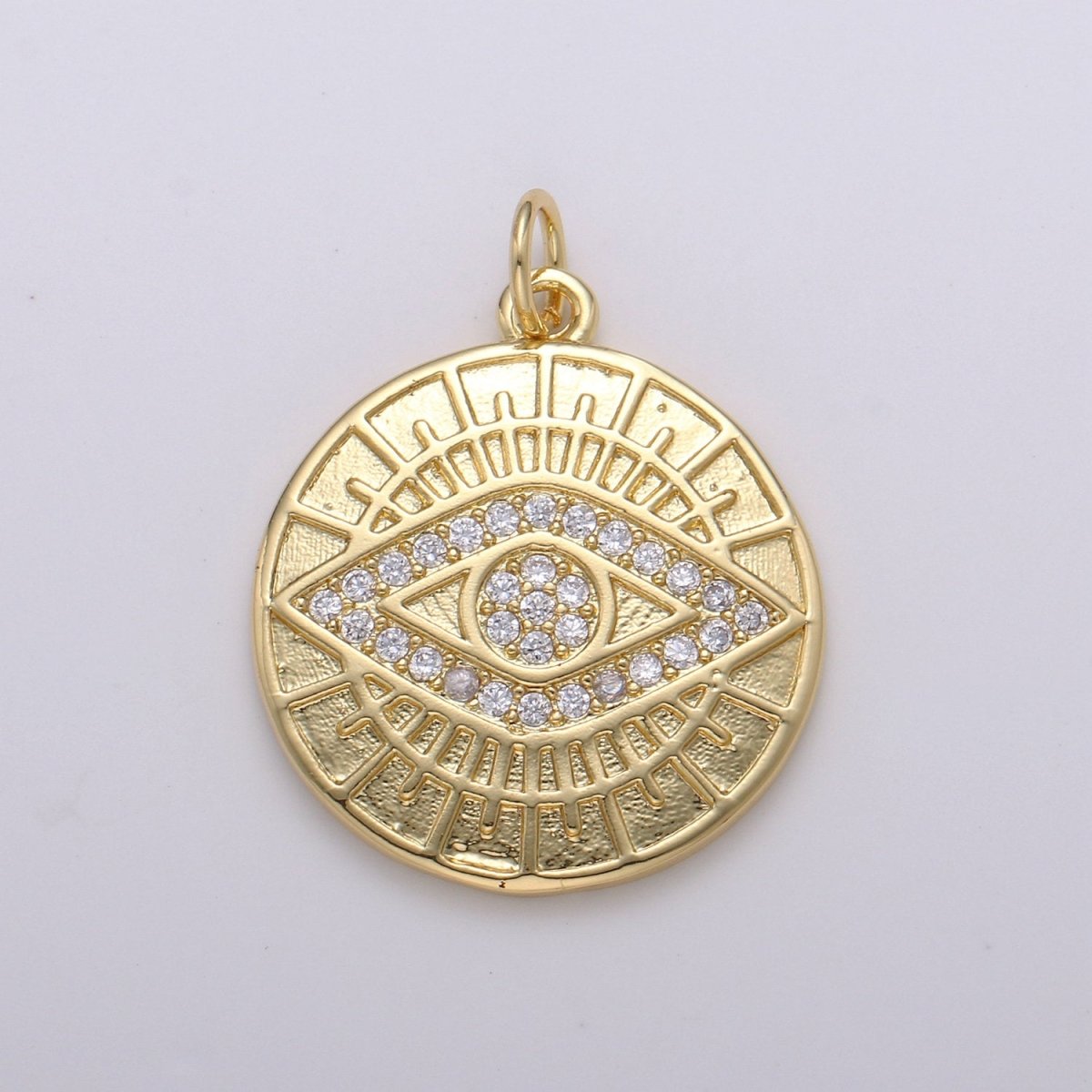 14k Gold plated Evil Eye Pendant, Micro Pave gold disc Medallion Greek Eye Charm for strength and protection Jewelry Component D-344 - DLUXCA