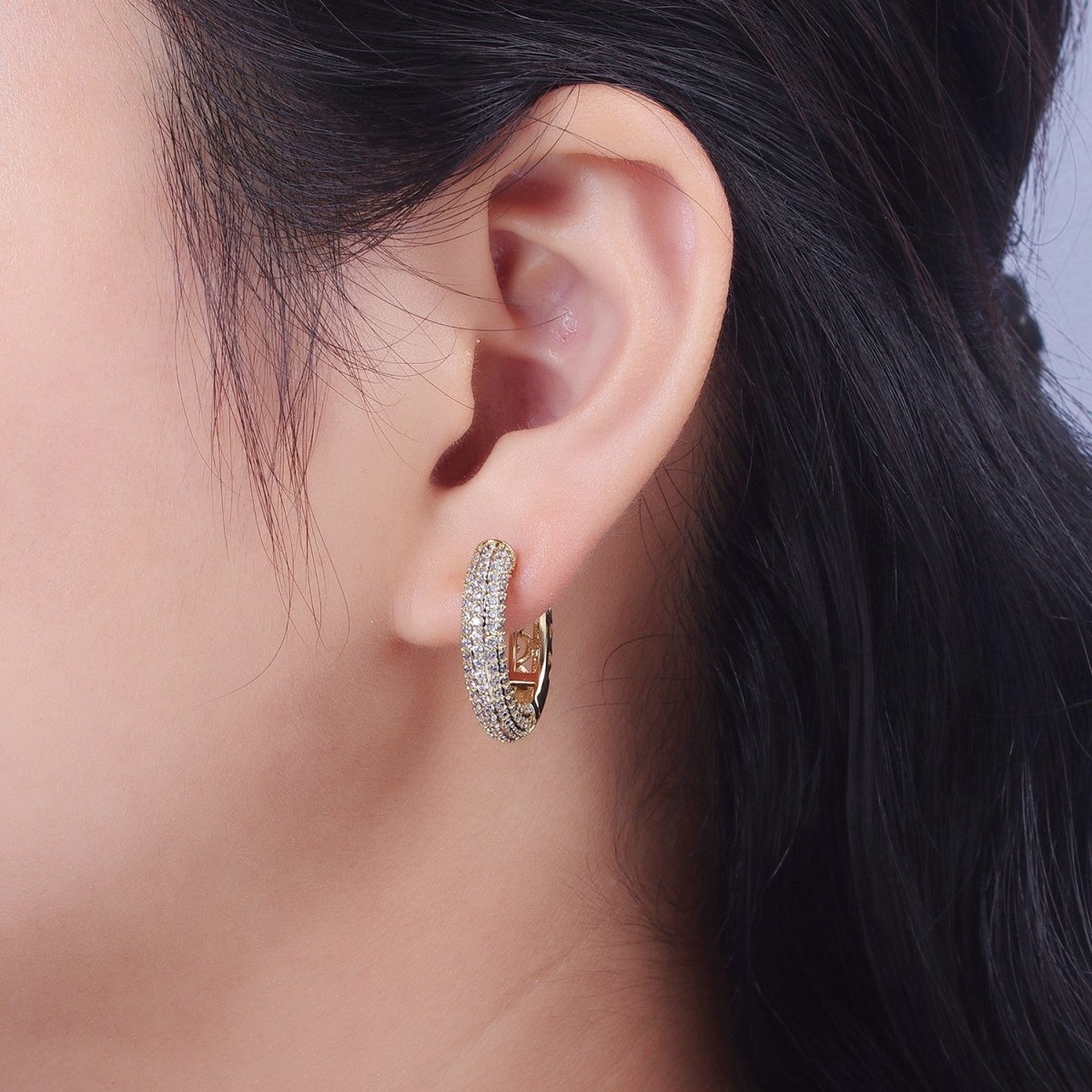 14K Gold plated Filigree Micro Paved CZ 22.5mm Huggie Earrings | V-031 - DLUXCA