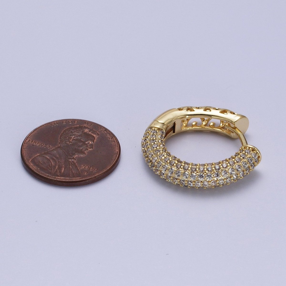 14K Gold plated Filigree Micro Paved CZ 22.5mm Huggie Earrings | V-031 - DLUXCA