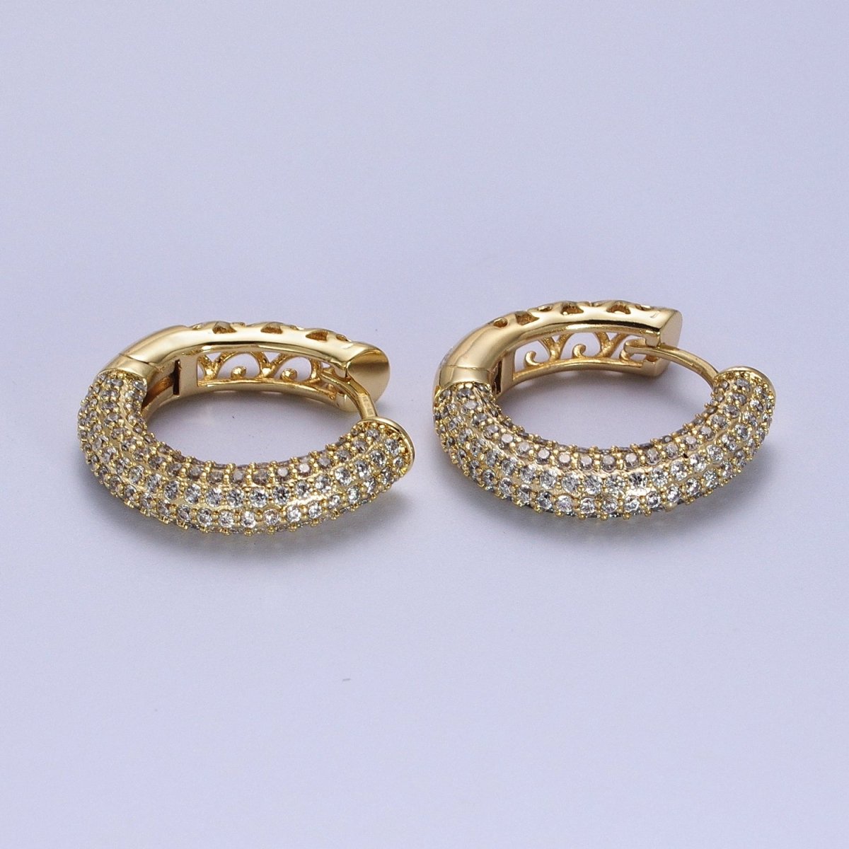 14K Gold plated Filigree Micro Paved CZ 22.5mm Huggie Earrings | V-031 - DLUXCA