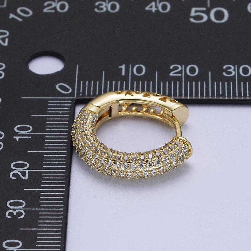 14K Gold plated Filigree Micro Paved CZ 22.5mm Huggie Earrings | V-031 - DLUXCA