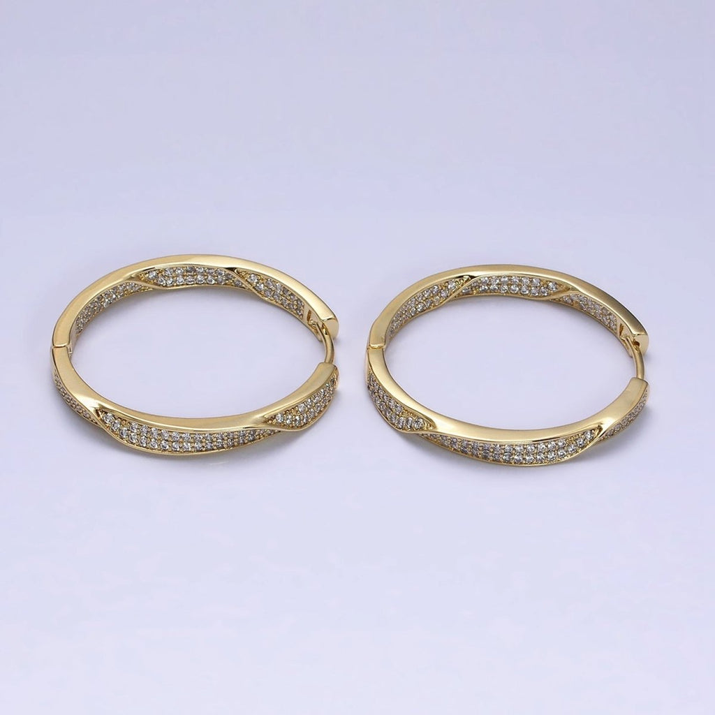14K Gold plated Flat Twisted Micro Paved CZ Front-Facing 33mm Endless Hoop Earrings | AD1455 - DLUXCA