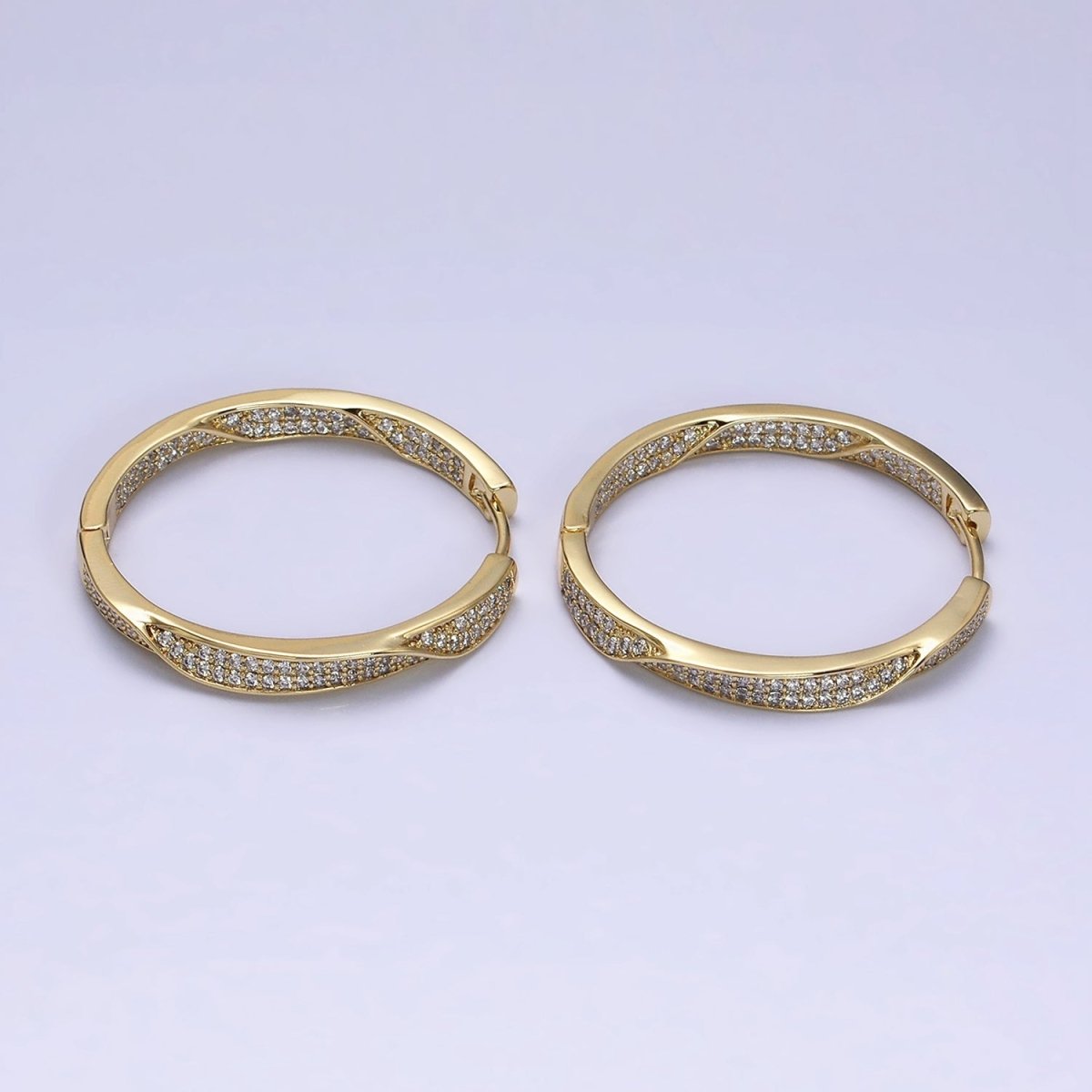 14K Gold plated Flat Twisted Micro Paved CZ Front-Facing 33mm Endless Hoop Earrings | AD1455 - DLUXCA