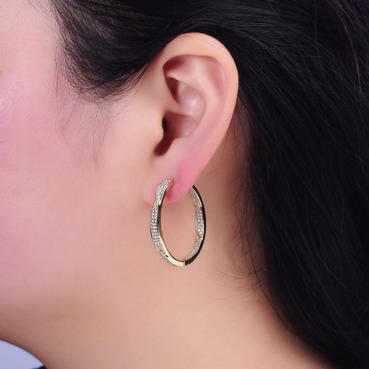 14K Gold plated Flat Twisted Micro Paved CZ Front-Facing 33mm Endless Hoop Earrings | AD1455 - DLUXCA