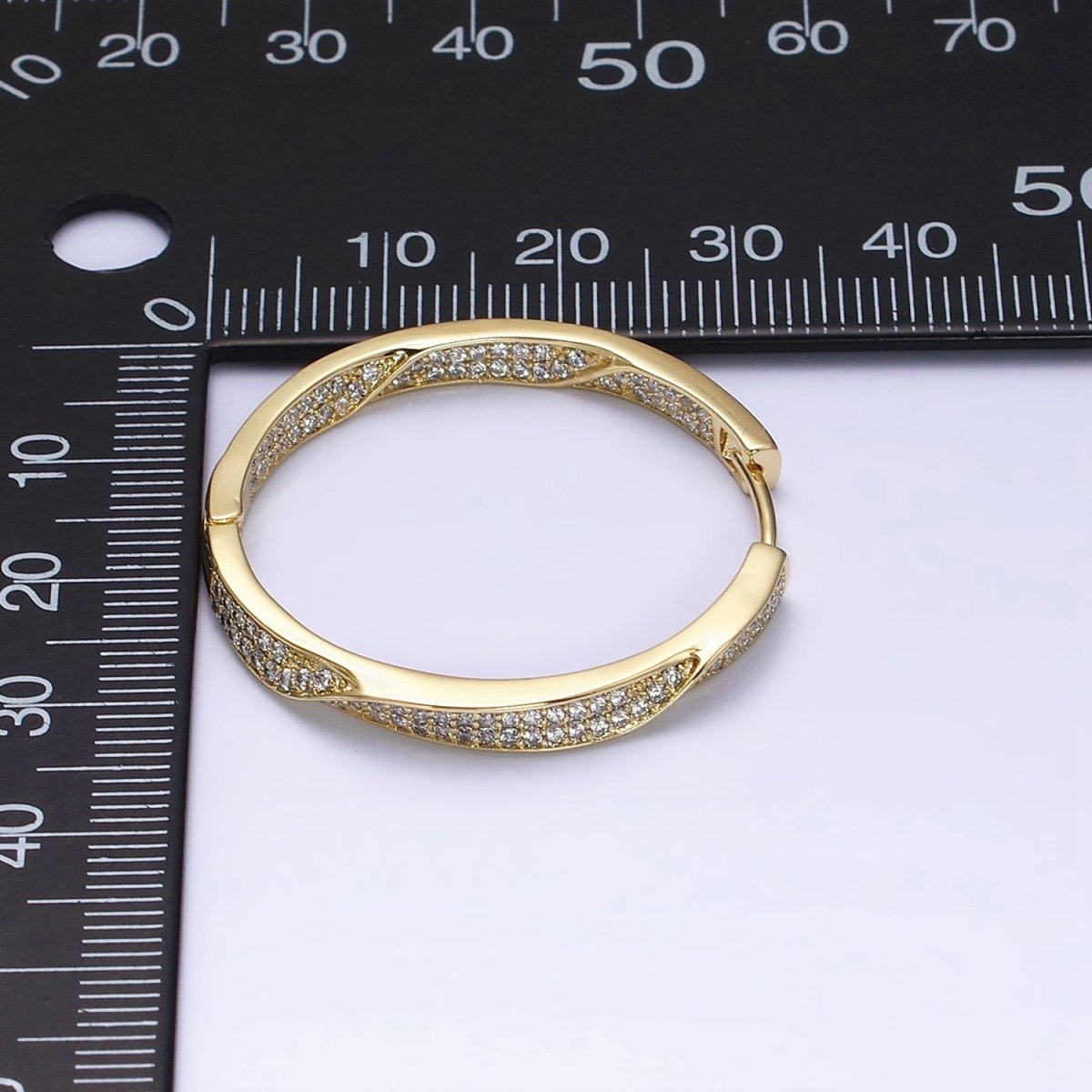 14K Gold plated Flat Twisted Micro Paved CZ Front-Facing 33mm Endless Hoop Earrings | AD1455 - DLUXCA