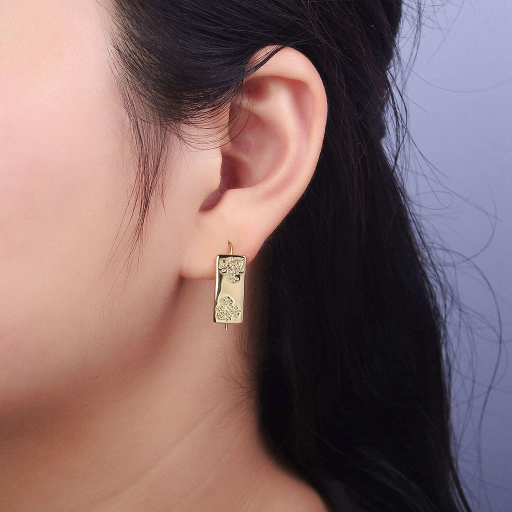 14K Gold plated Floral Engraved Bar Backward Latch Earrings | AD1466 - DLUXCA