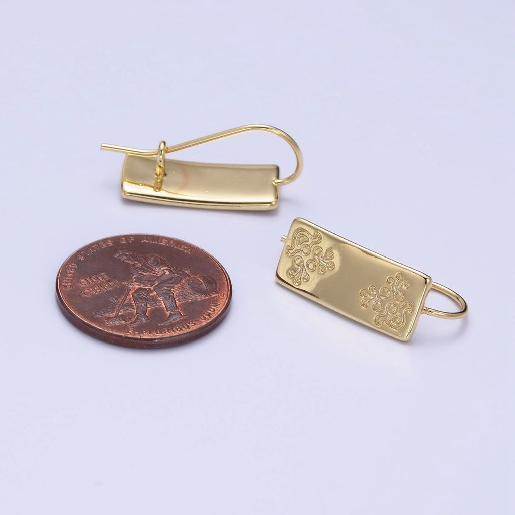 14K Gold plated Floral Engraved Bar Backward Latch Earrings | AD1466 - DLUXCA