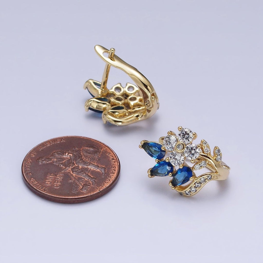 14K Gold plated Flower Blue Teardrop Micro Paved CZ 13mm Huggie Earrings | AD1384 - DLUXCA