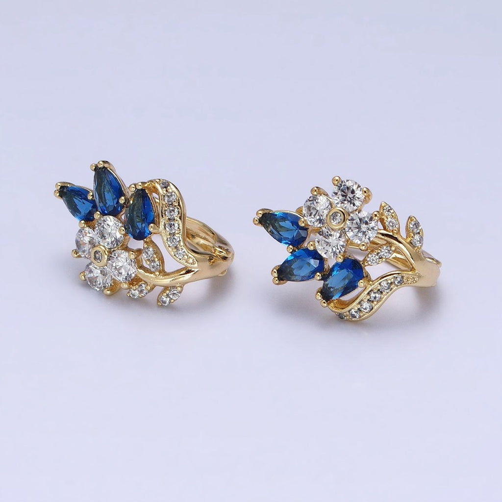 14K Gold plated Flower Blue Teardrop Micro Paved CZ 13mm Huggie Earrings | AD1384 - DLUXCA
