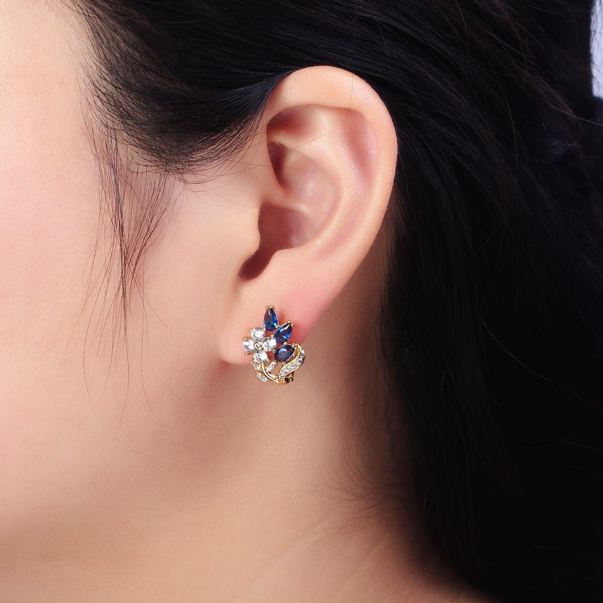 14K Gold plated Flower Blue Teardrop Micro Paved CZ 13mm Huggie Earrings | AD1384 - DLUXCA