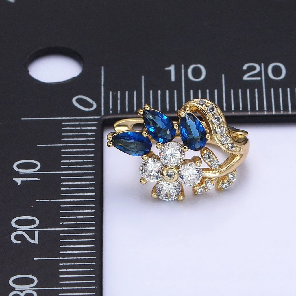 14K Gold plated Flower Blue Teardrop Micro Paved CZ 13mm Huggie Earrings | AD1384 - DLUXCA