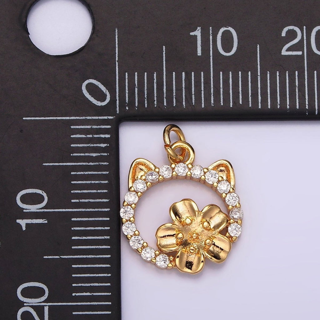 14K Gold plated Flower Cat Open Micro Paved CZ Round Charm | N1767 - DLUXCA