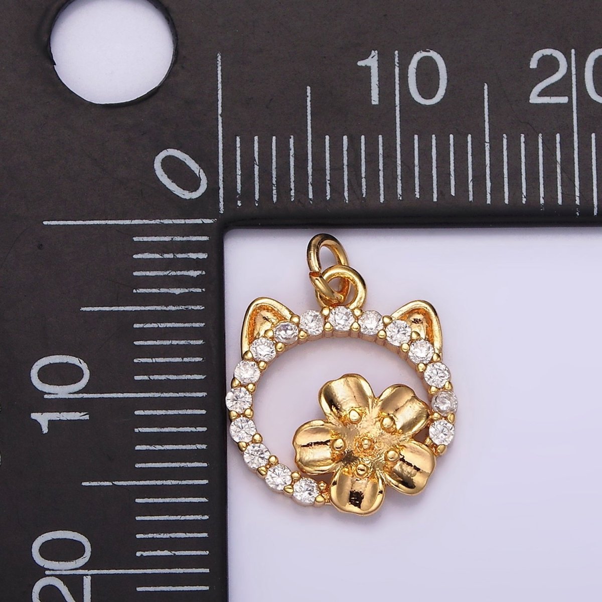 14K Gold plated Flower Cat Open Micro Paved CZ Round Charm | N1767 - DLUXCA