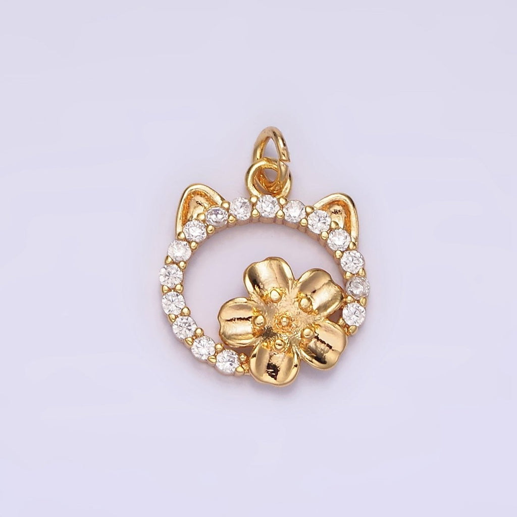 14K Gold plated Flower Cat Open Micro Paved CZ Round Charm | N1767 - DLUXCA