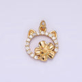 14K Gold plated Flower Cat Open Micro Paved CZ Round Charm | N1767 - DLUXCA