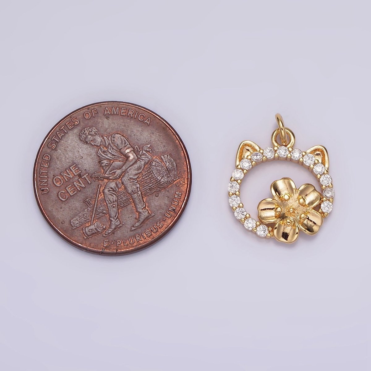 14K Gold plated Flower Cat Open Micro Paved CZ Round Charm | N1767 - DLUXCA