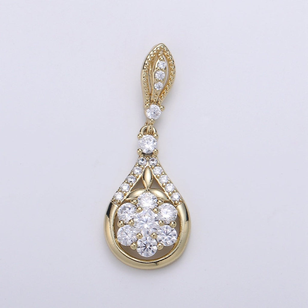 14K Gold plated Flower Crystal Teardrop Pendants J-094 - DLUXCA