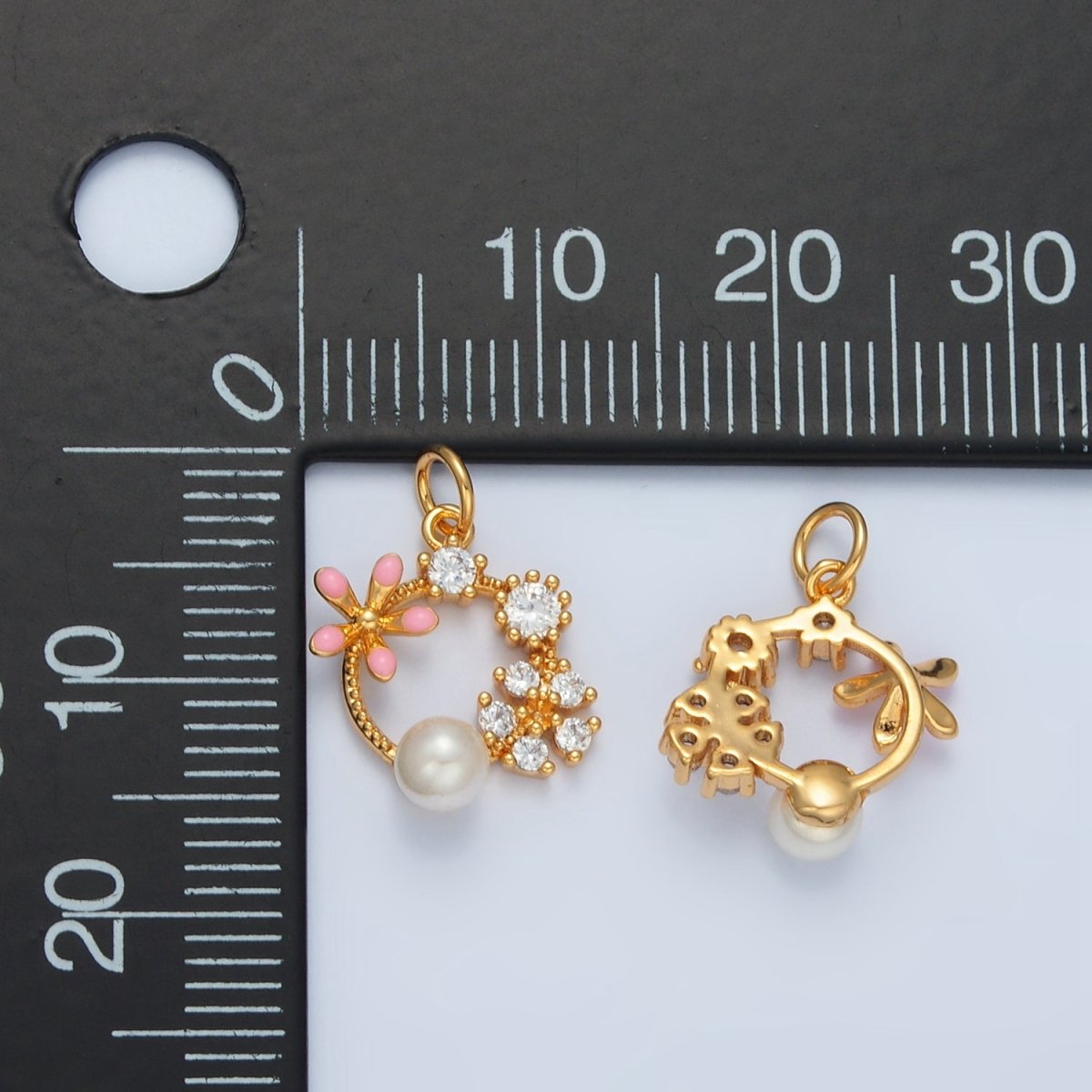 14K Gold plated Flower CZ Enamel Pearl Open Round Charm | AG879 - DLUXCA