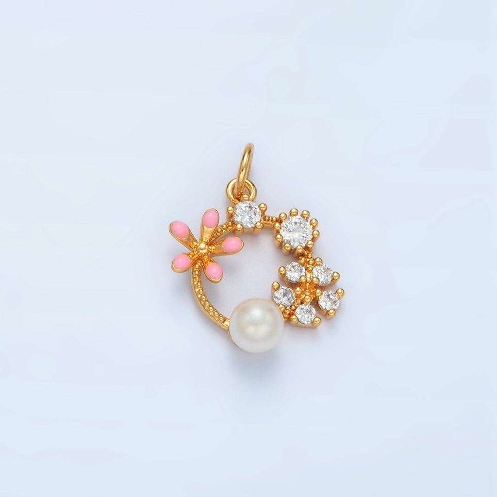 14K Gold plated Flower CZ Enamel Pearl Open Round Charm | AG879 - DLUXCA