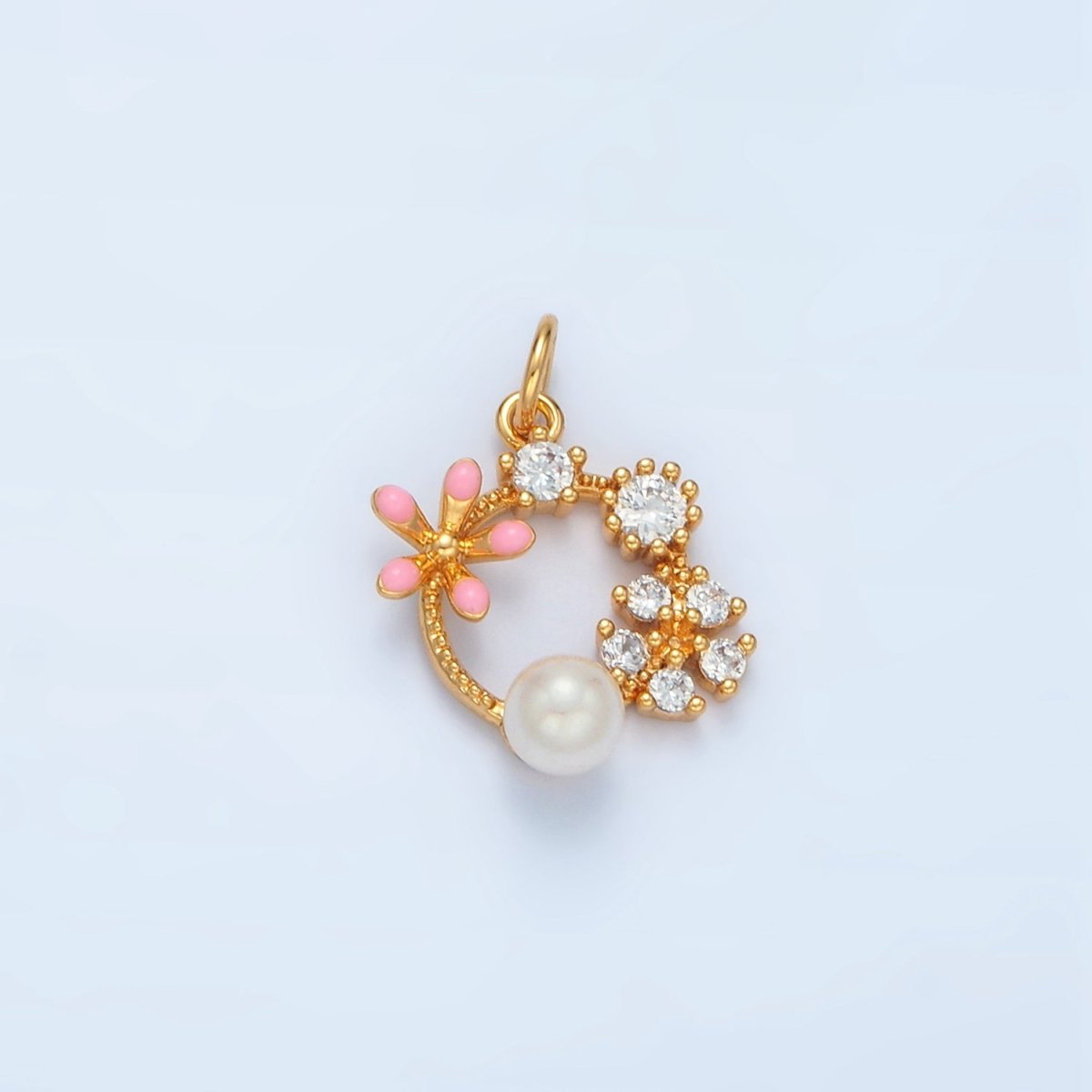 14K Gold plated Flower CZ Enamel Pearl Open Round Charm | AG879 - DLUXCA