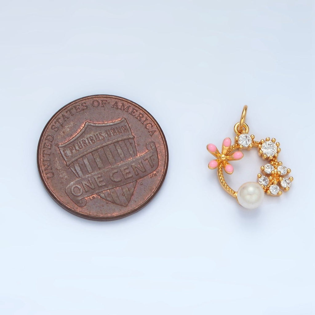 14K Gold plated Flower CZ Enamel Pearl Open Round Charm | AG879 - DLUXCA