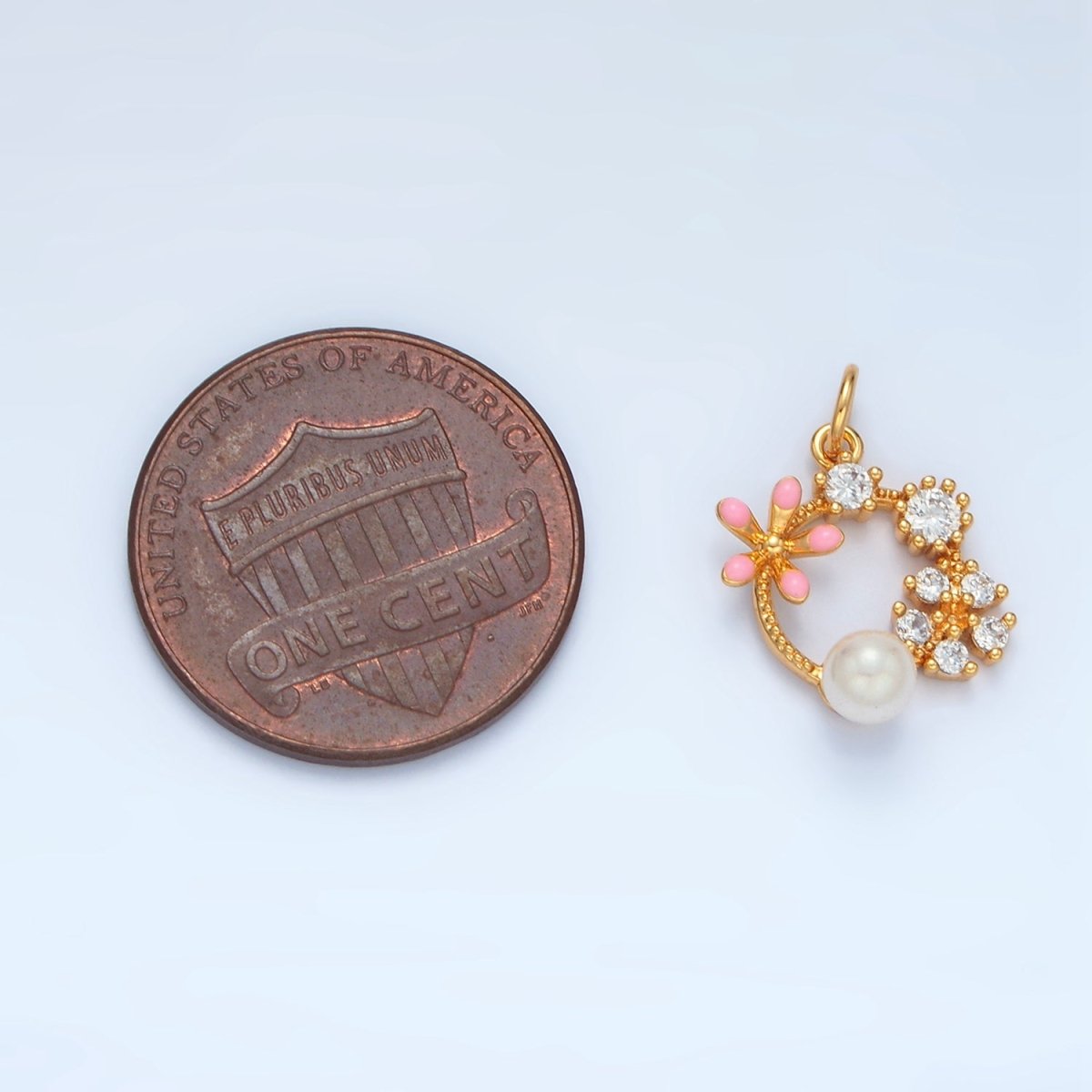 14K Gold plated Flower CZ Enamel Pearl Open Round Charm | AG879 - DLUXCA