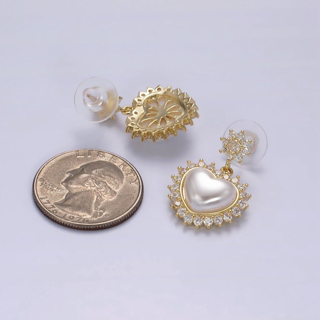 14K Gold plated Flower CZ Heart Shell Pearl Drop Stud Earrings in Gold & Silver | AE317 AE318 - DLUXCA