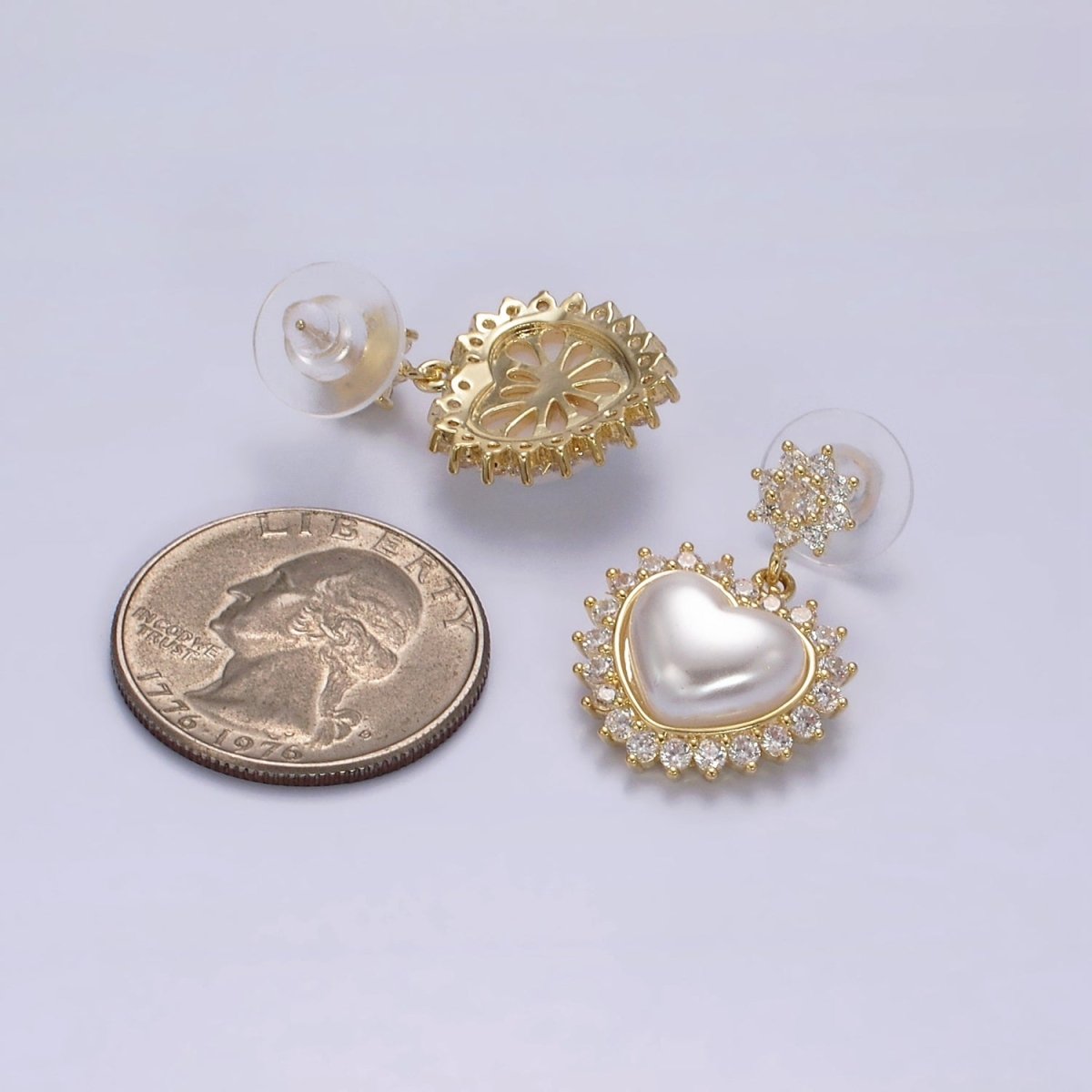 14K Gold plated Flower CZ Heart Shell Pearl Drop Stud Earrings in Gold & Silver | AE317 AE318 - DLUXCA